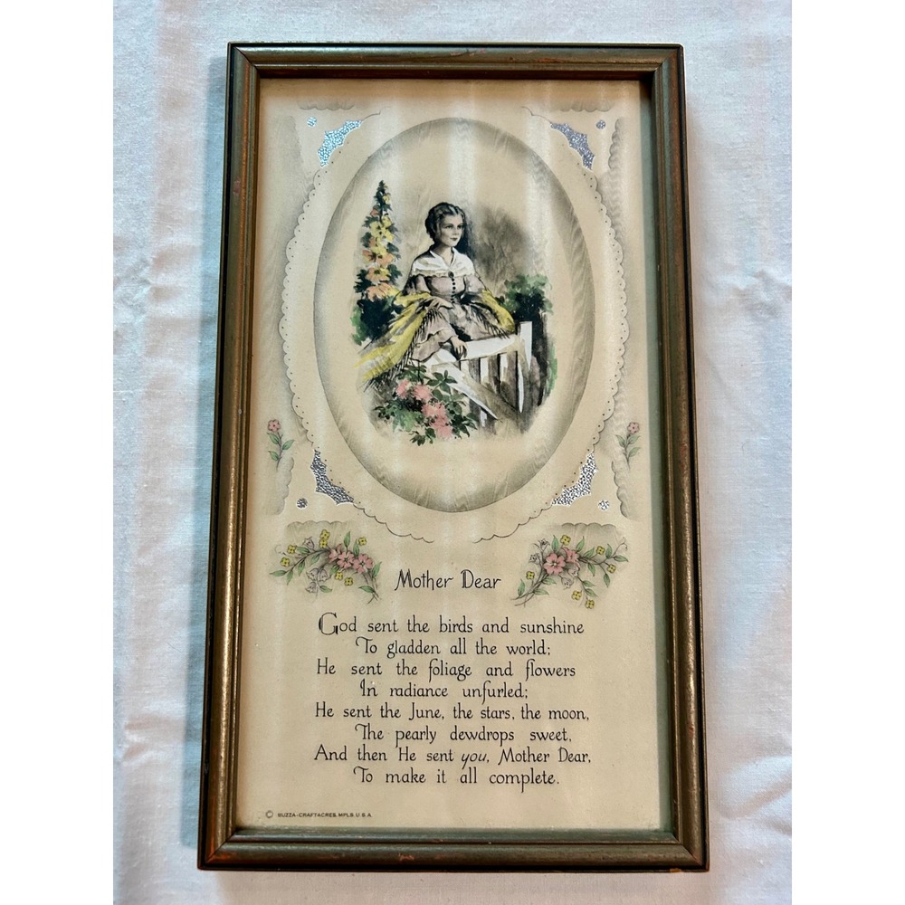 Vintage Buzza Company Mother Dear Framed Poem Lithograph Wall Art Craftacres 5x9